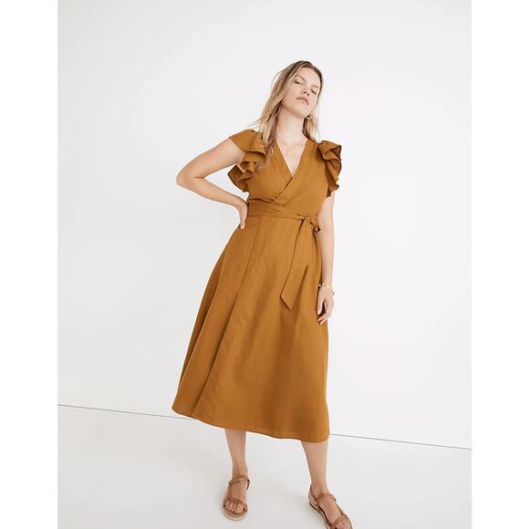 MADEWELL Linen-Blend Ruffle-Sleeve Wrap Midi Dress Mustard Yellow {RR35} - Picture 1 of 8